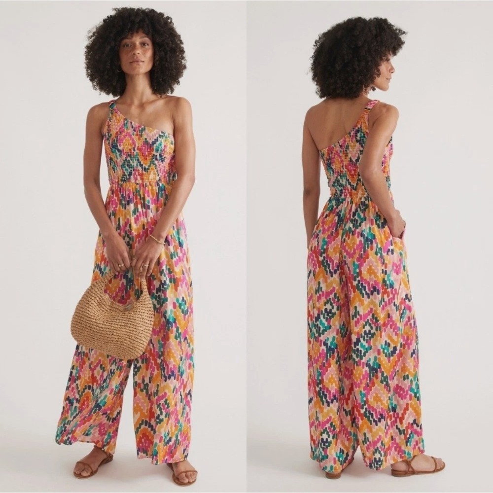 Marine Layer Tessa Jumpsuit Sz S One Shoulder Wide Leg Watercolor Vacation Party